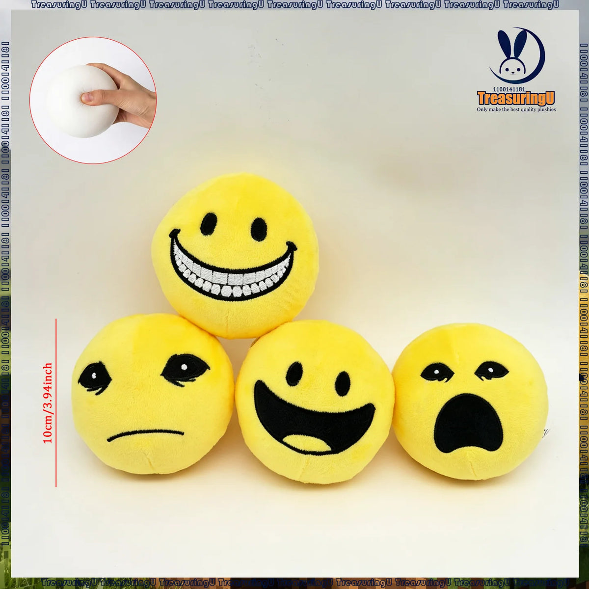Three yellow plush dolls showing different facial expressions including a happy face, a sad face, and an angry face.
