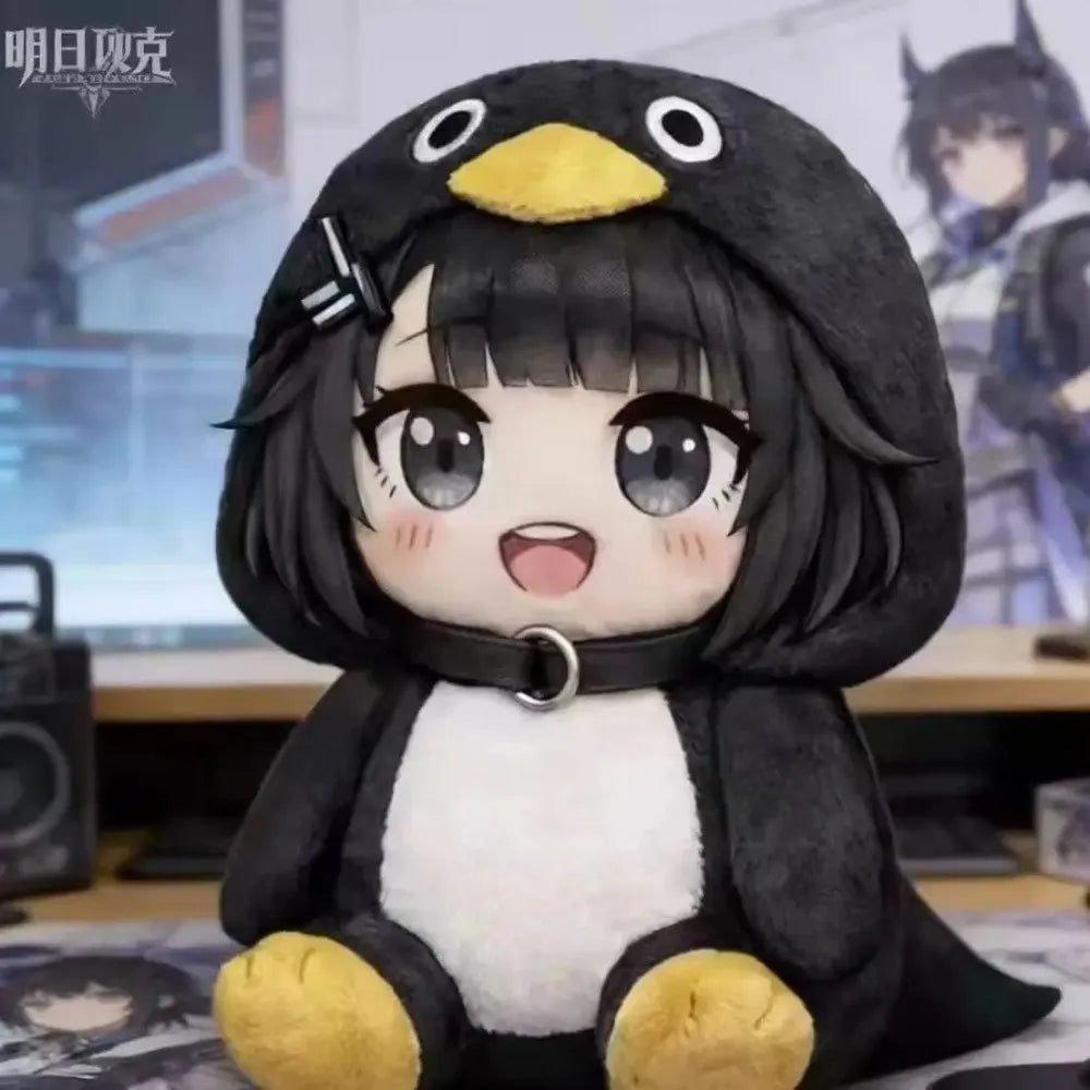 A cute kawaii penguin plush doll with black and white fur and yellow feet sitting on a surface.