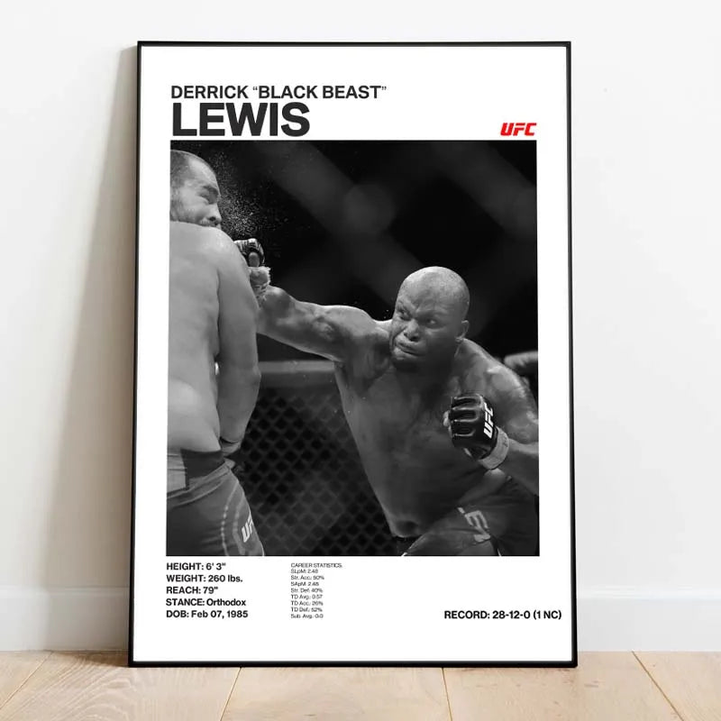 Retrato en blanco y negro del boxeador Lewis con su nombre y detalles de la UFC