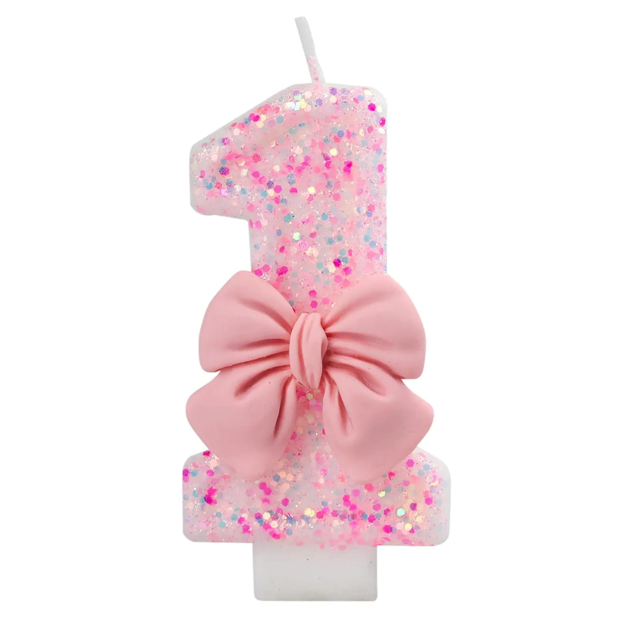 Pink glitter number one candle decorated with a pink bow for a birthday or anniversary