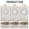 Three versions of a modern silent quartz wall clock in 8, 10, and 12 inch sizes displayed on a table.