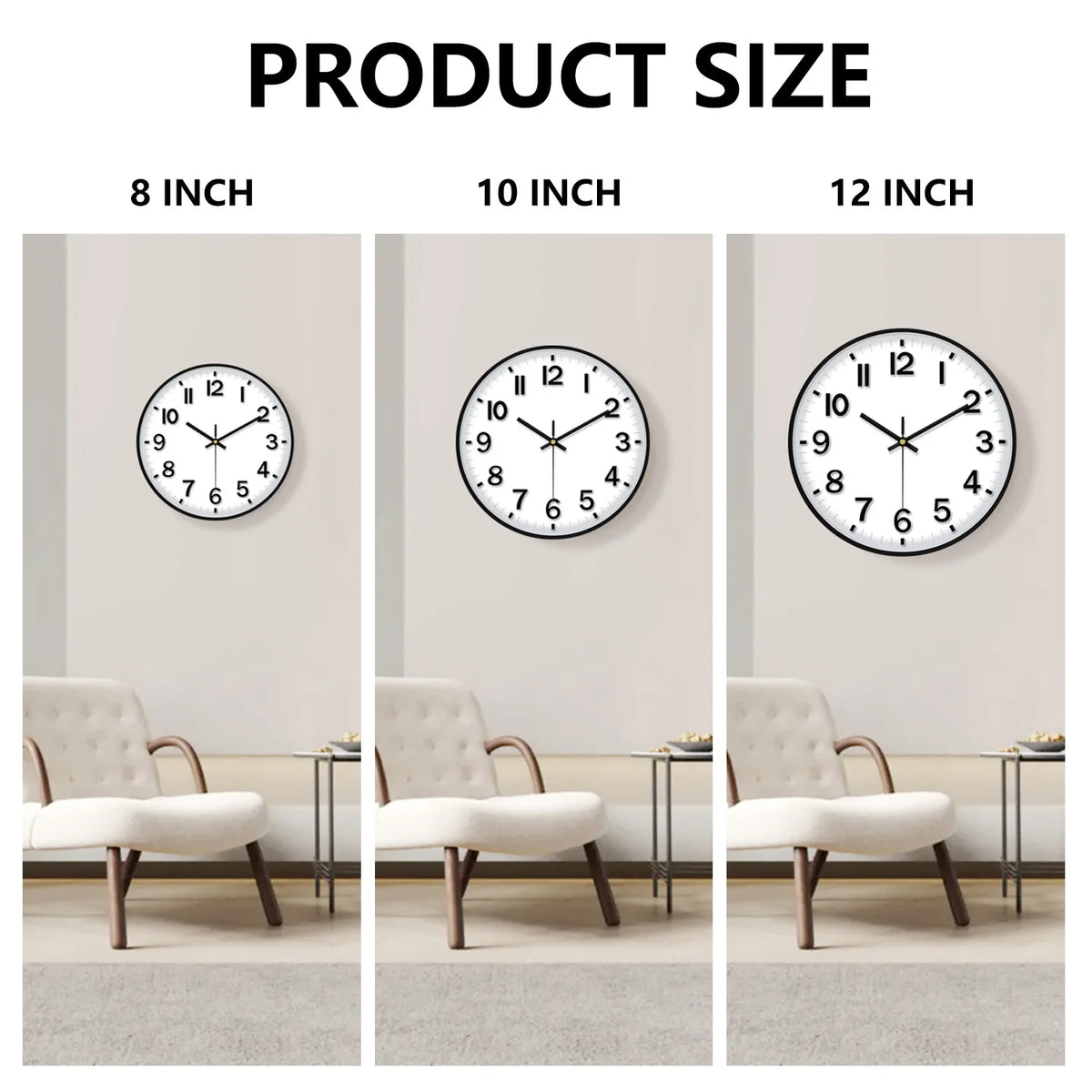 Three versions of a modern silent quartz wall clock in 8, 10, and 12 inch sizes displayed on a table.
