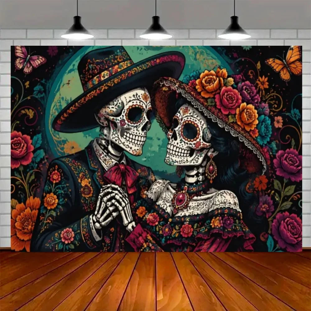 Day of the Dead Skeleton Carnival Backdrop for Halloween Party Decorations