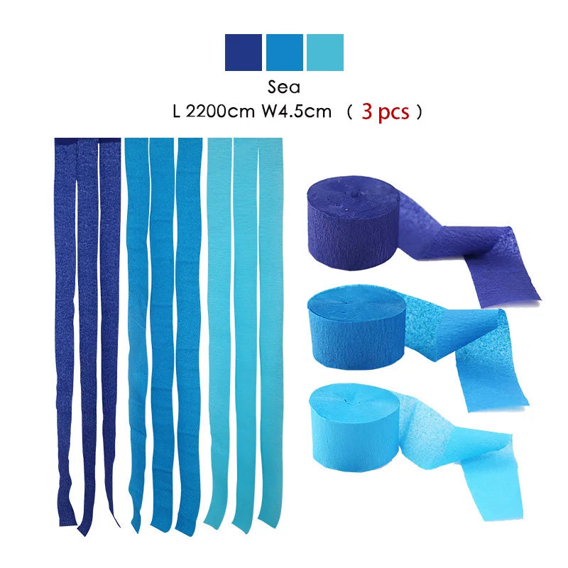 Set von drei blauen und cyanfarbenen Crêpepapier-Girlanden, 220 cm lang und 4,5 cm breit