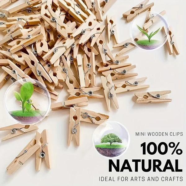 A pile of natural wooden mini clothespins with small plants attached, suitable for arts and crafts.