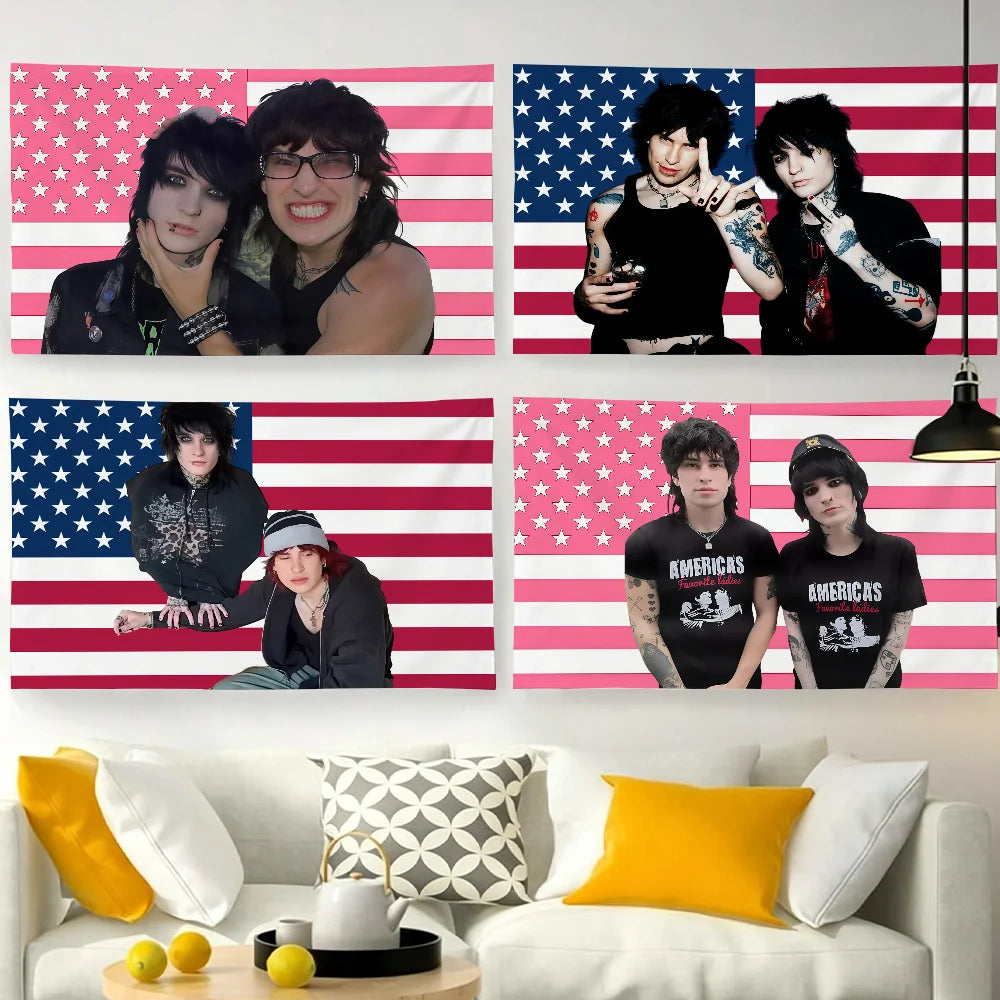 A wall hanging featuring images of Jake Webber and Johnnie Guilbert set against an American flag background.
