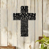 Black metal wall art featuring a cross with the text Our Father in Heaven and Amen