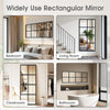 A collection of rectangular mirrors in black frames shown in various home settings including a bedroom, living room, cloakroo