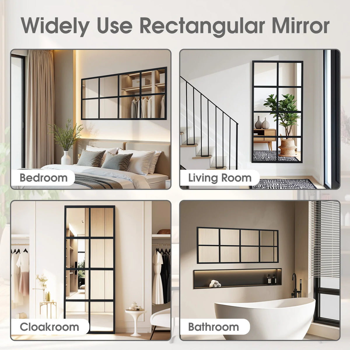 A collection of rectangular mirrors in black frames shown in various home settings including a bedroom, living room, cloakroo