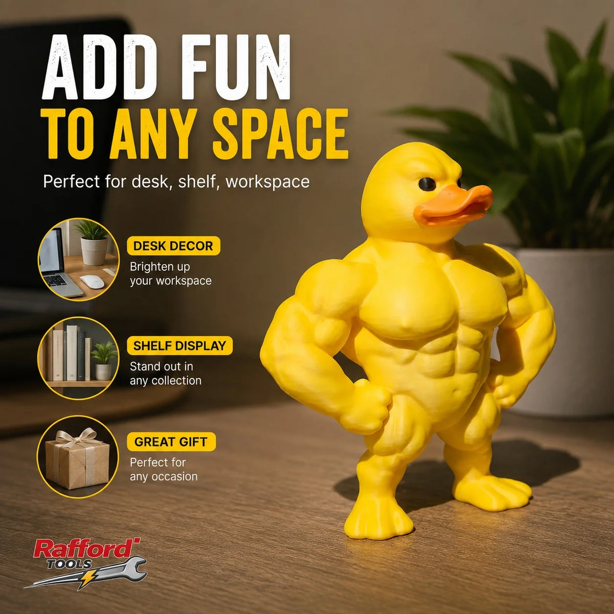 A yellow muscular duck figurine used as desk decor, perfect for workspace or gift.