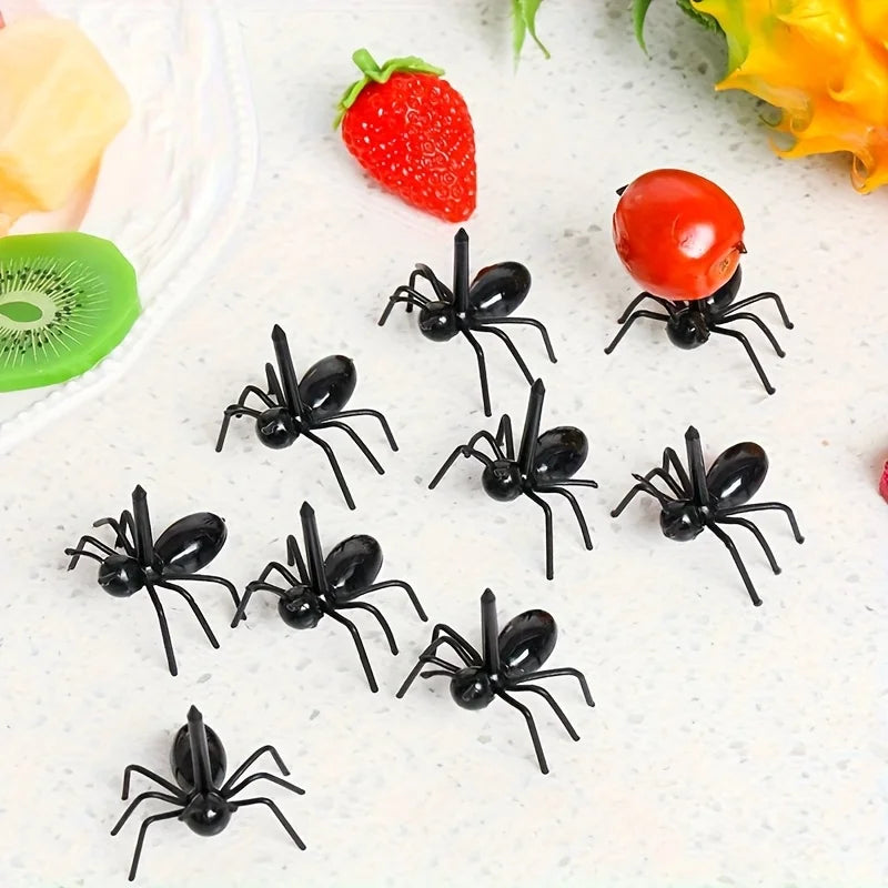 Black reusable ant-shaped plastic toothpicks and fruit forks for party snacks