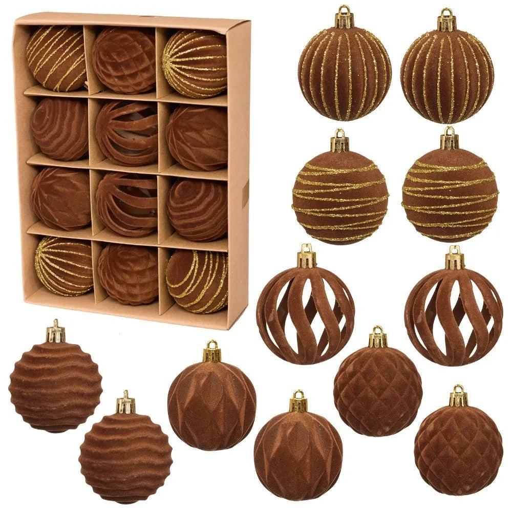 A set of twelve brown velvet Christmas hanging ornaments in various sizes and textures.