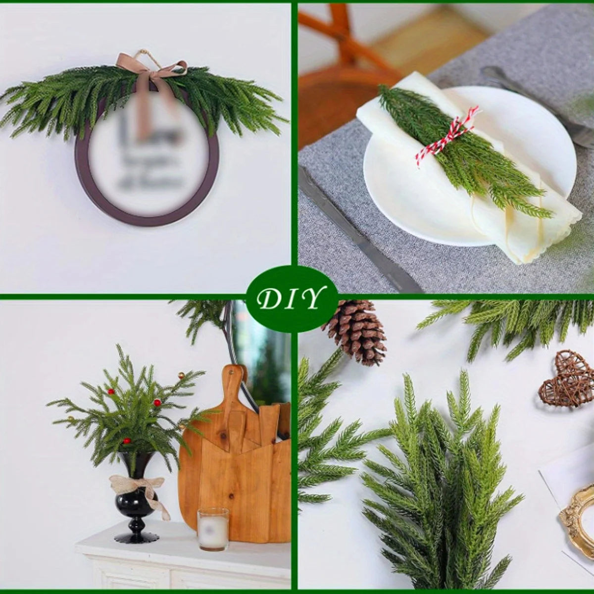 Artificial pine branches used for holiday decor, displayed on a plate and in a DIY craft setting.