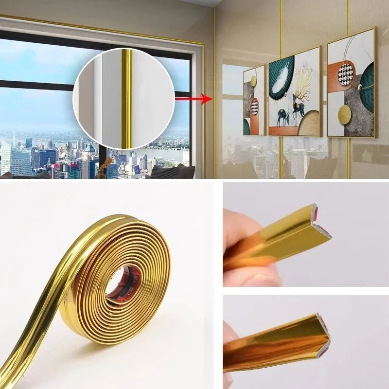 Close-up view of a gold self-adhesive PVC edge guard strip used for protecting cabinet corners and table edges.