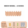 Beech model piano key wall coat rack with six wooden hooks for display