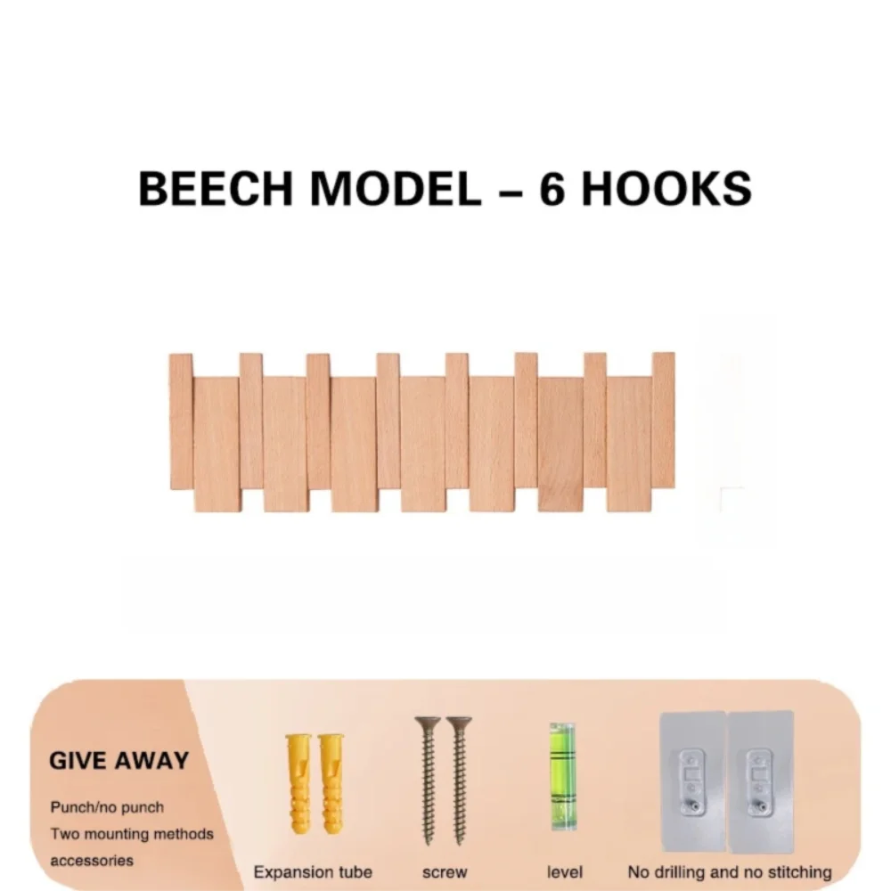 Beech model piano key wall coat rack with six wooden hooks for display