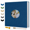 A blue magnetic scrapbook album with a cover featuring a couple embracing and a yellow tool.