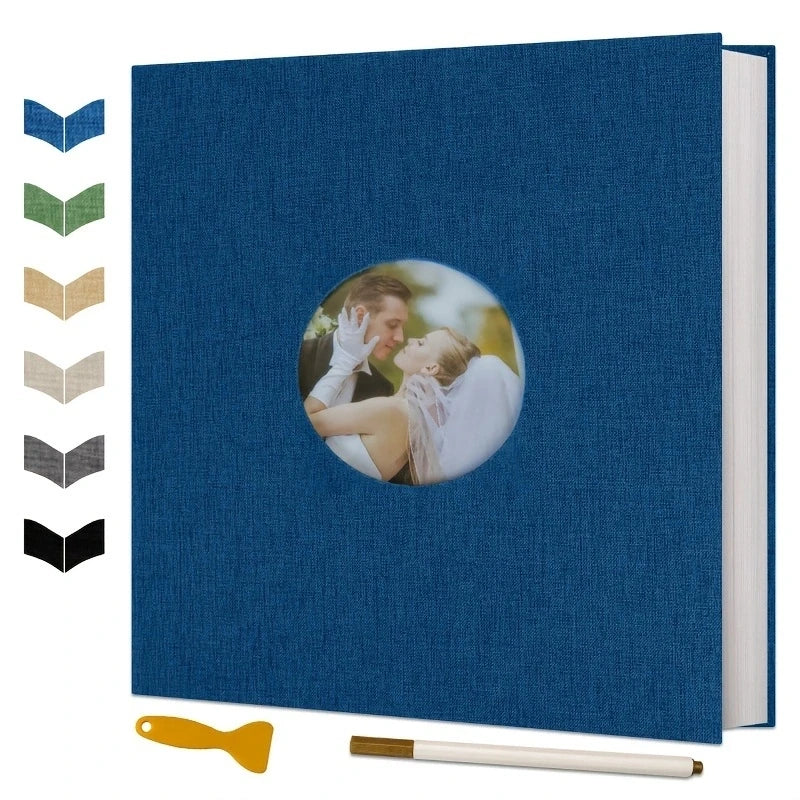 A blue magnetic scrapbook album with a cover featuring a couple embracing and a yellow tool.