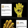A close-up of a shiny gold rubber glove, showing fine detail and craftsmanship.