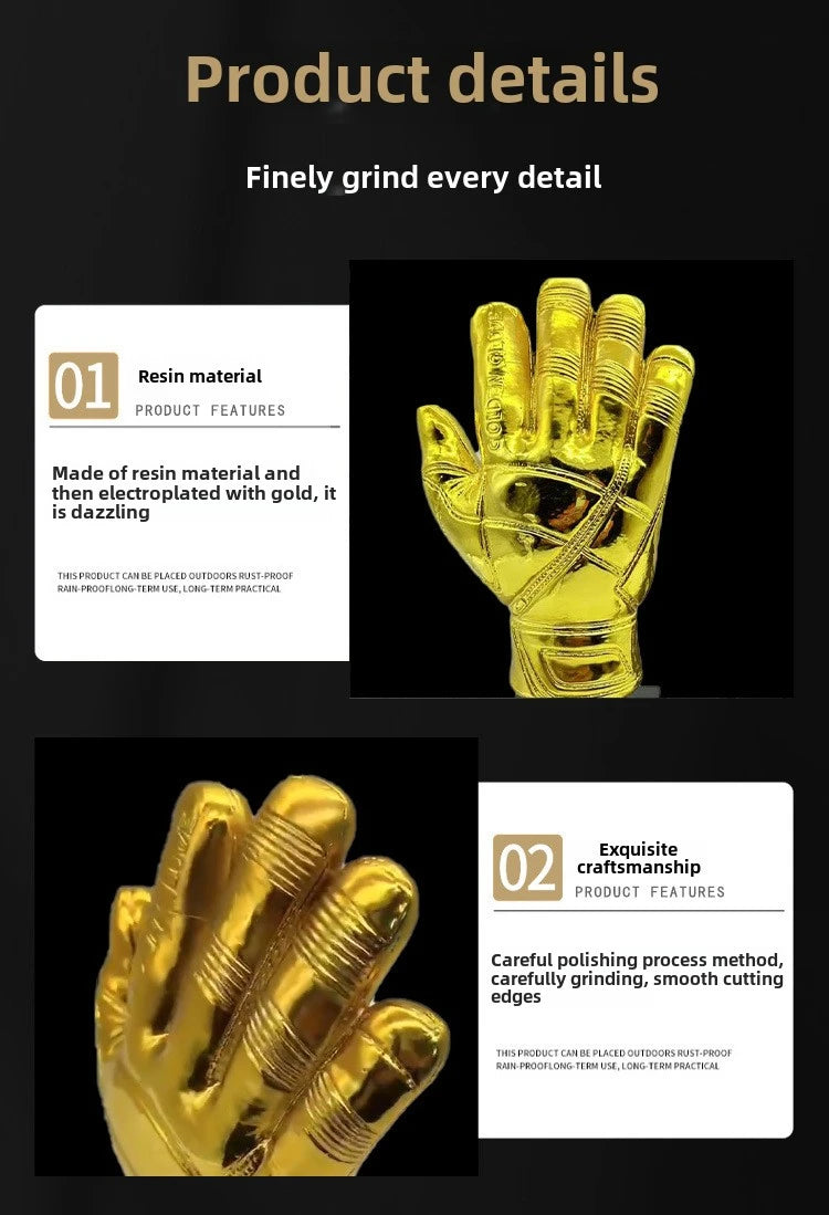 A close-up of a shiny gold rubber glove, showing fine detail and craftsmanship.