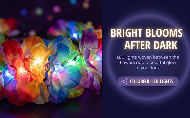 A close-up of a flower crown headband with colorful LED lights glowing between the petals.