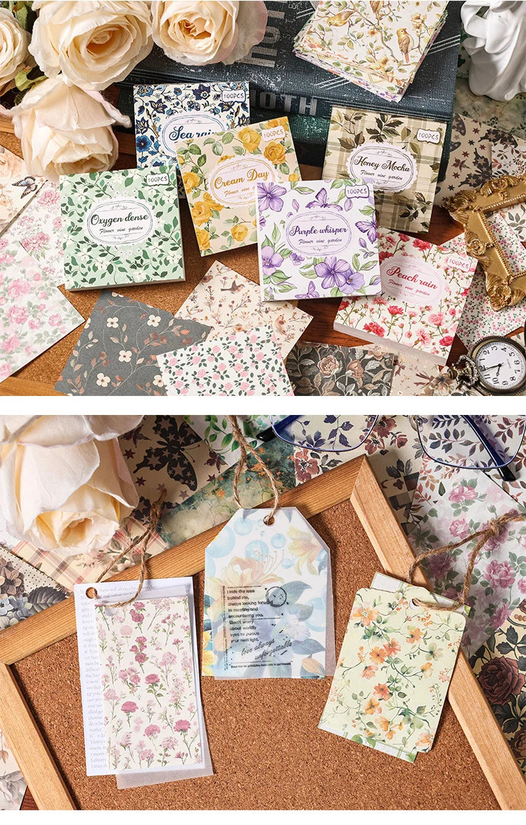 A collection of vintage paper packs featuring floral and nature patterns for junk journals and scrapbooking.