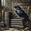 A dark academia scene featuring an antique book, stacked books, and a black bird perched on them in a dimly lit library setti
