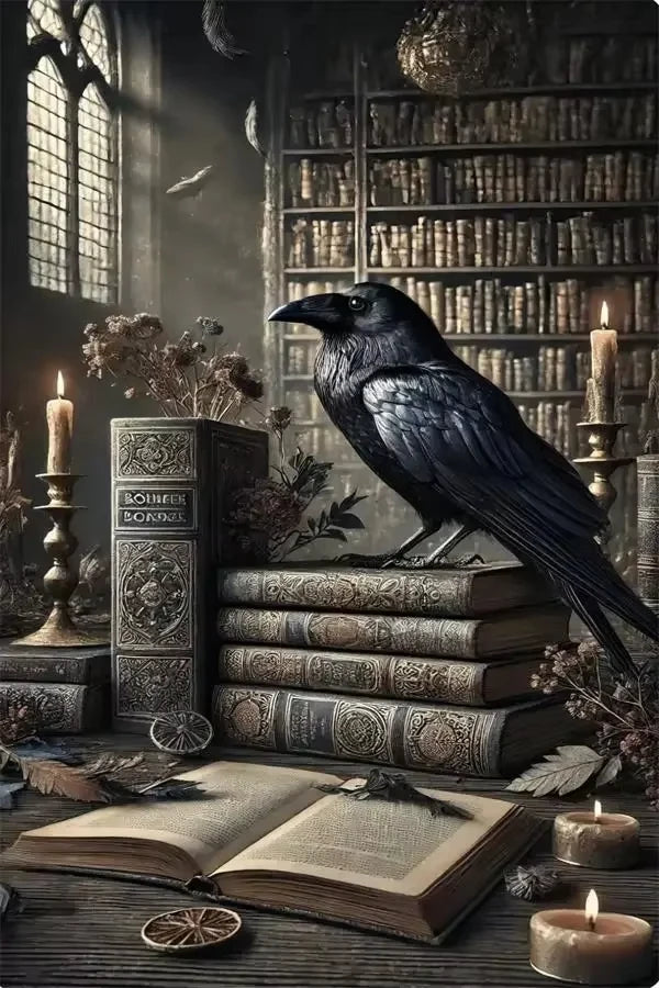 A dark academia scene featuring an antique book, stacked books, and a black bird perched on them in a dimly lit library setti