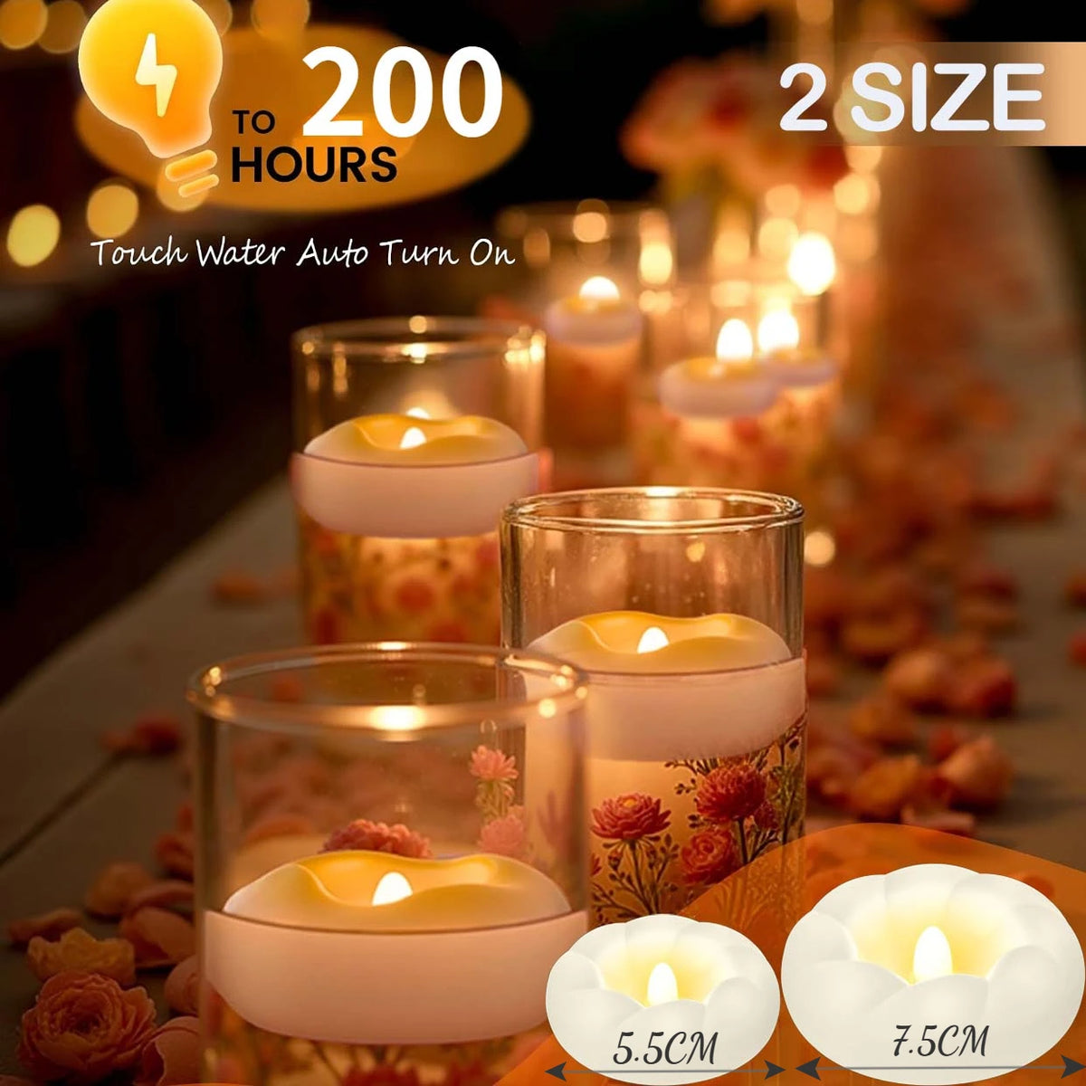 A set of five glass votive candles with glowing yellow flames displayed on a wooden surface.