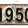 A vintage aluminum license plate with the year 1950 embossed on it, showing signs of wear and rust.