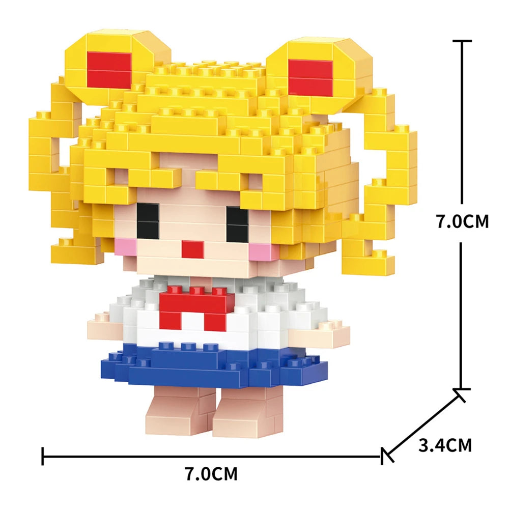 A yellow female character model built from LEGO bricks, featuring blonde hair and a white outfit.