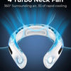 A white portable neck fan is shown in a close-up view, illustrating its 360° airflow design.