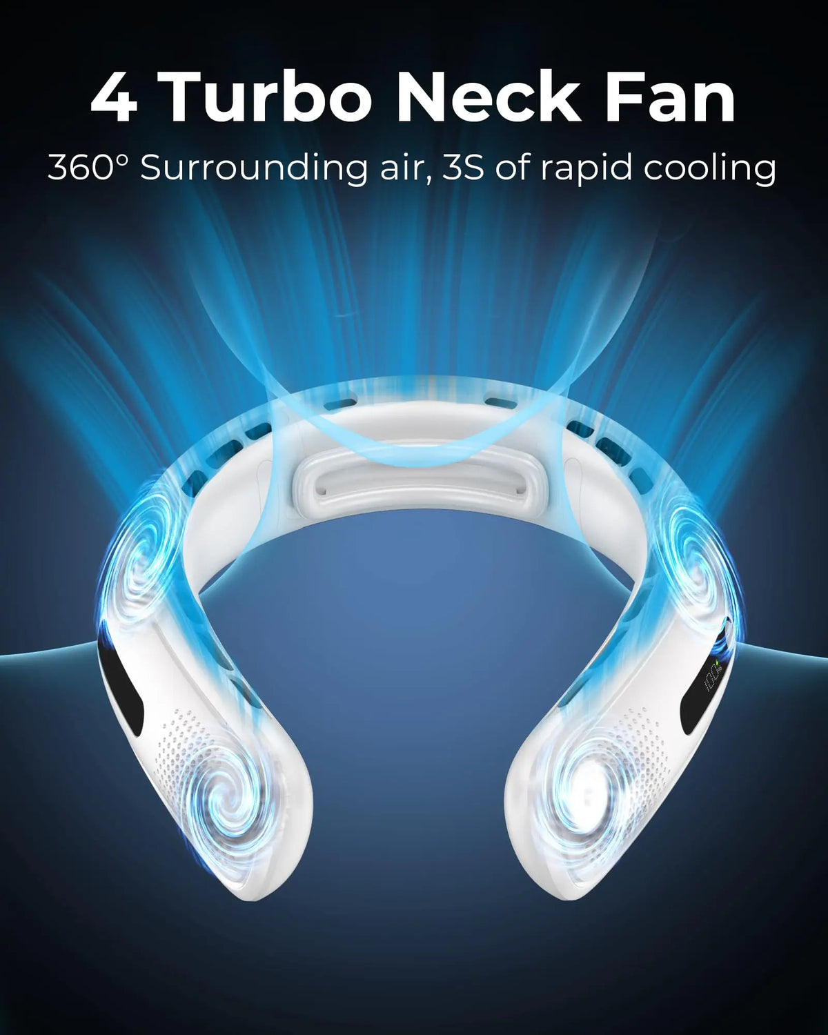 A white portable neck fan is shown in a close-up view, illustrating its 360° airflow design.