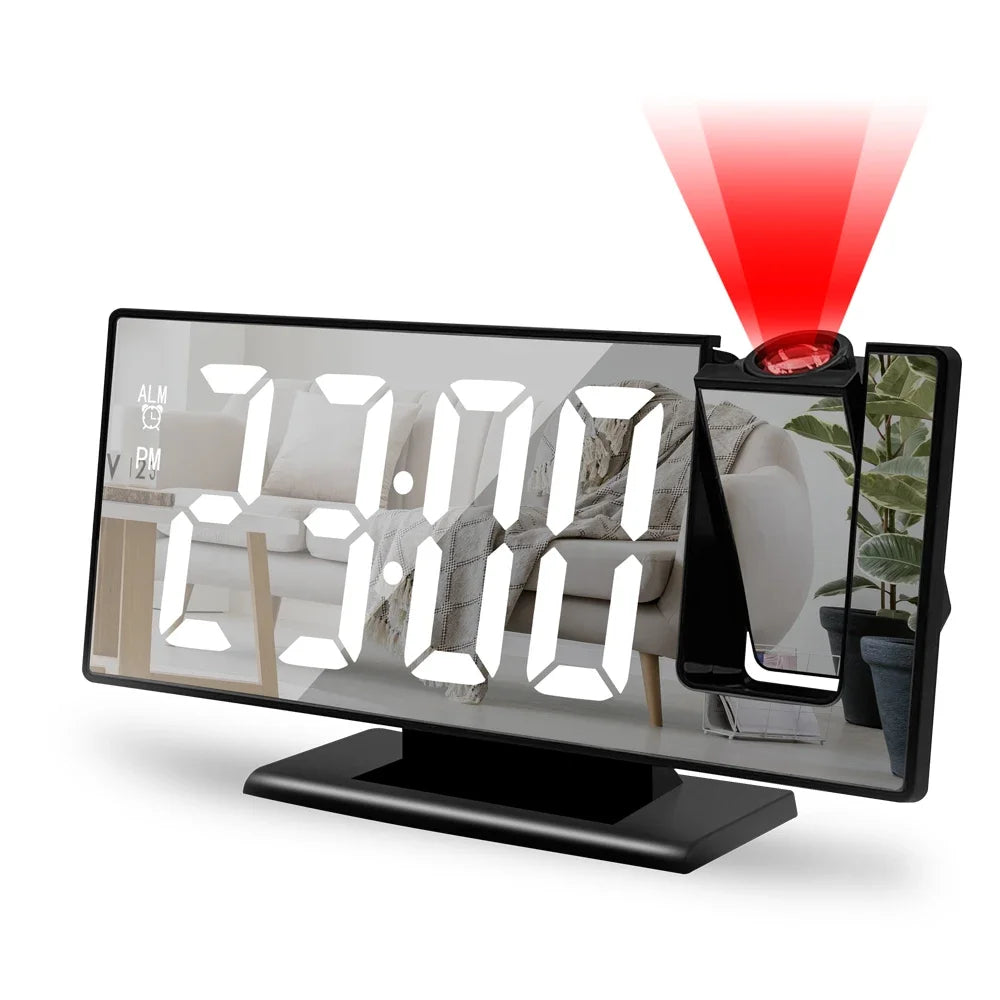 A digital projection alarm clock displaying 3:00, with a red light beam shining down onto the display.