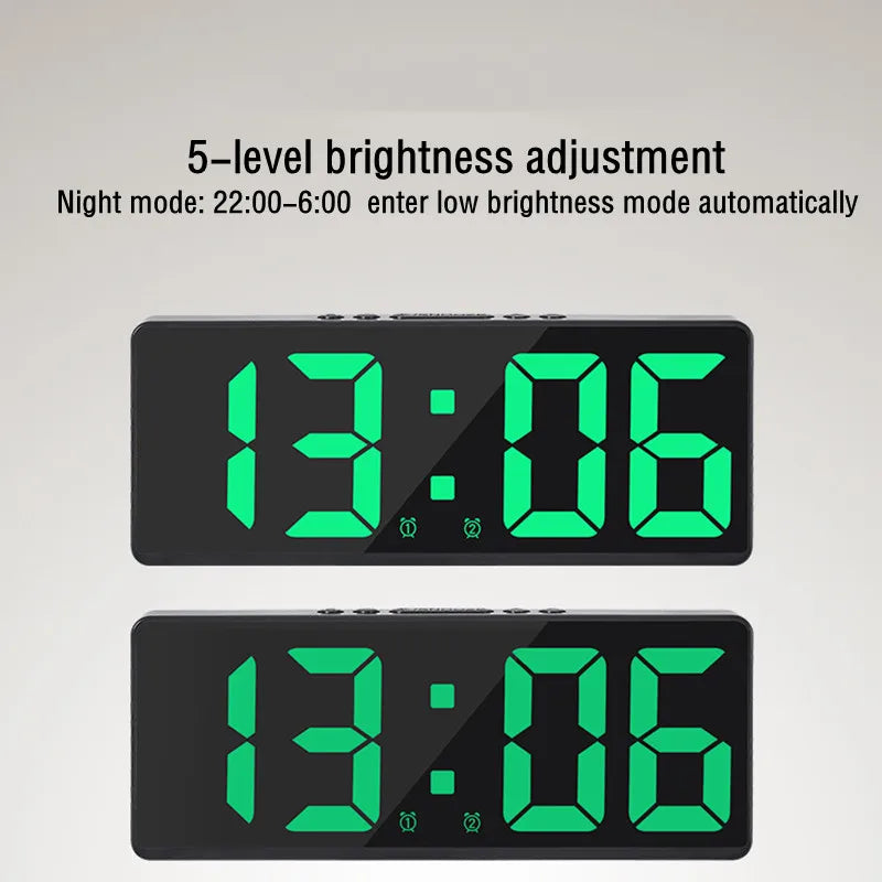 A digital alarm clock displaying 13:06 with a bright green display and dark gray casing.
