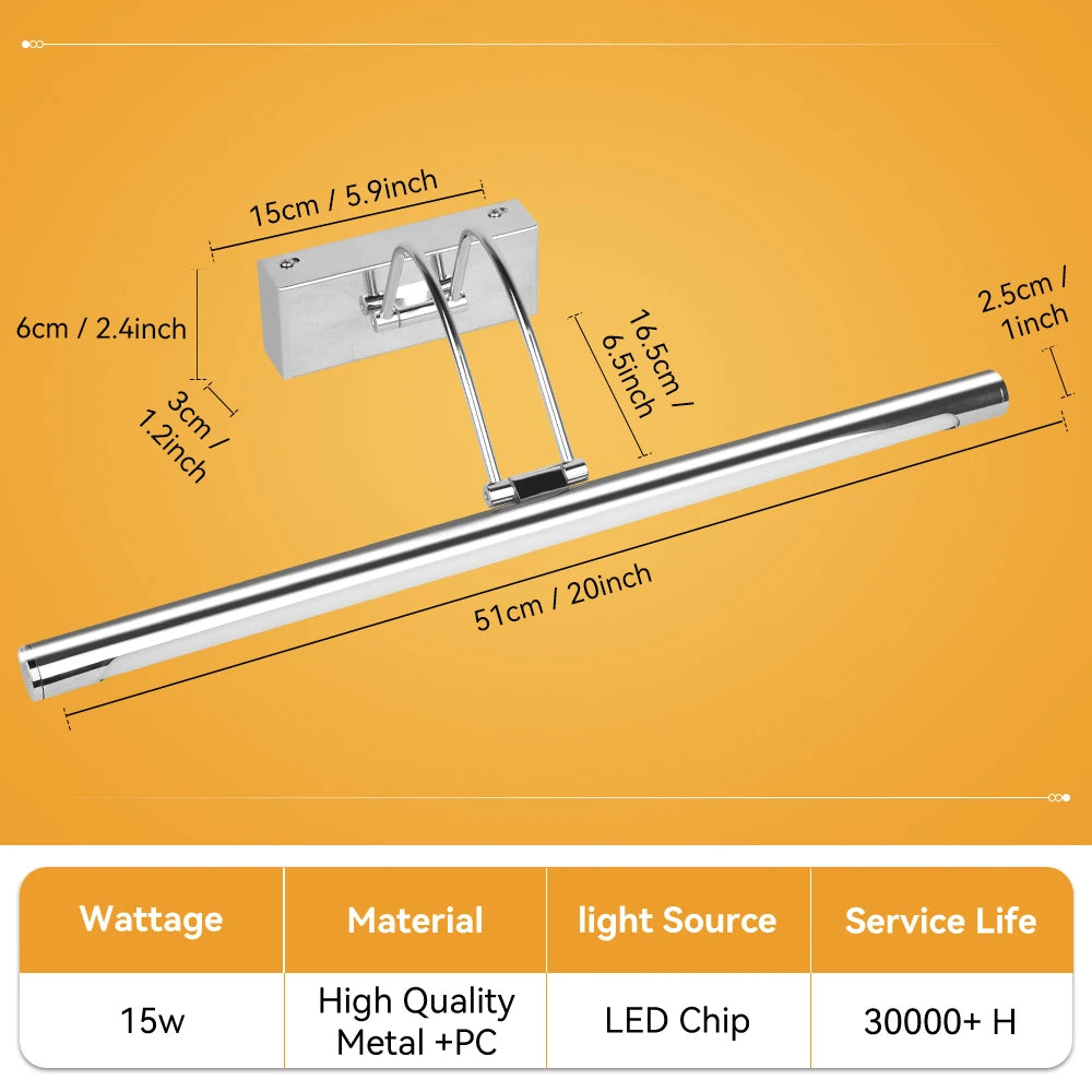 A silver LED mirror light bar with mounting bracket and various dimensions shown against an orange background.
