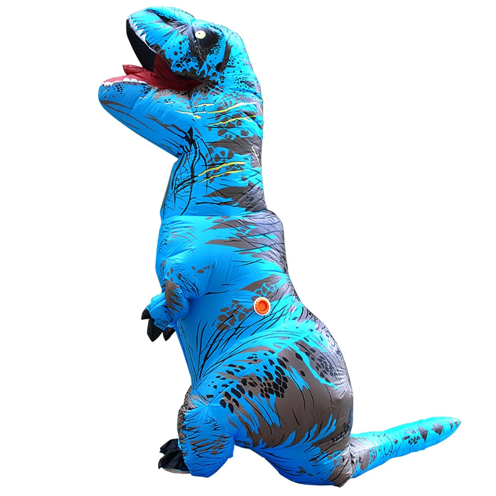 Blue inflatable adult T-Rex costume with gray patterned skin and red mouth