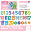 A box of digital learning magnetic stickers featuring numbers, letters, and symbols for children.