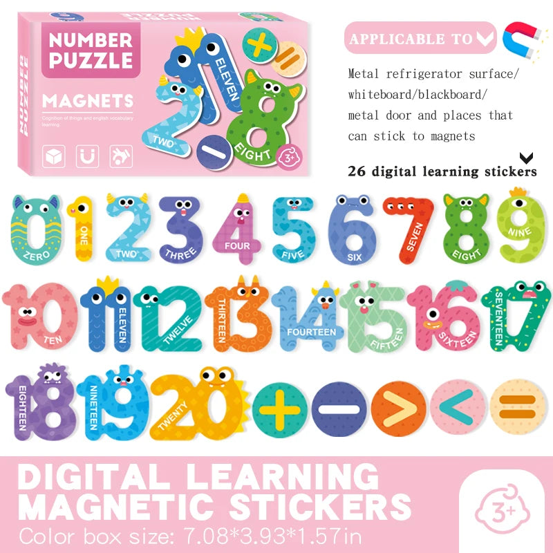 A box of digital learning magnetic stickers featuring numbers, letters, and symbols for children.