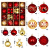 A collection of festive Christmas ball ornaments in various colors including red, gold, and silver finishes.