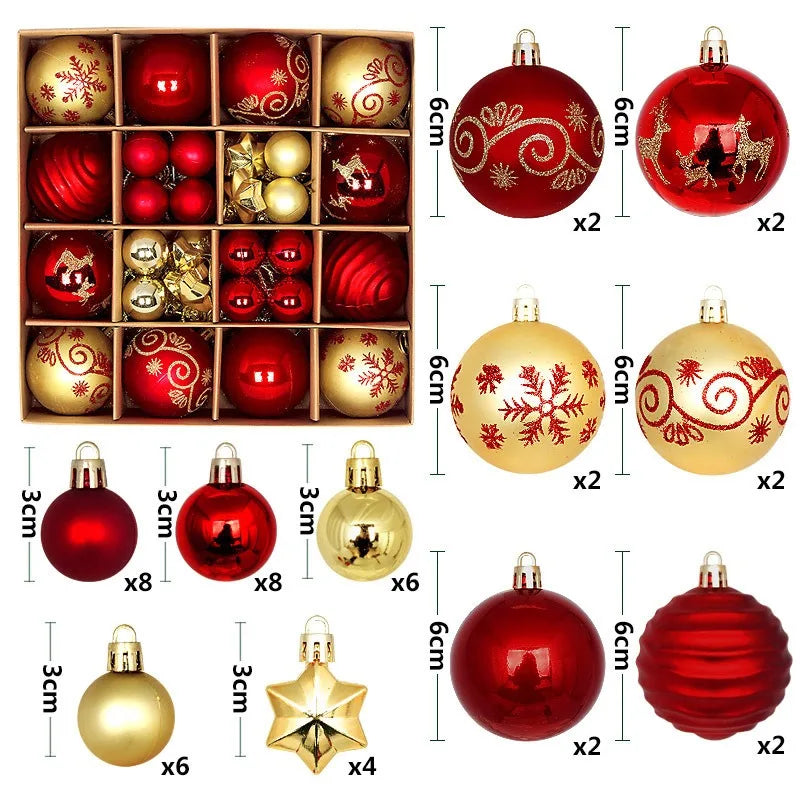 A collection of festive Christmas ball ornaments in various colors including red, gold, and silver finishes.