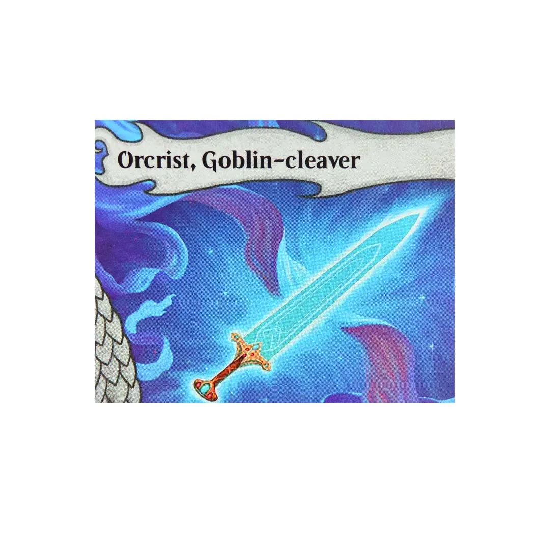 A fantasy trading card featuring an Orcrist Goblin-cleaver with a glowing blue blade against a starry purple background.