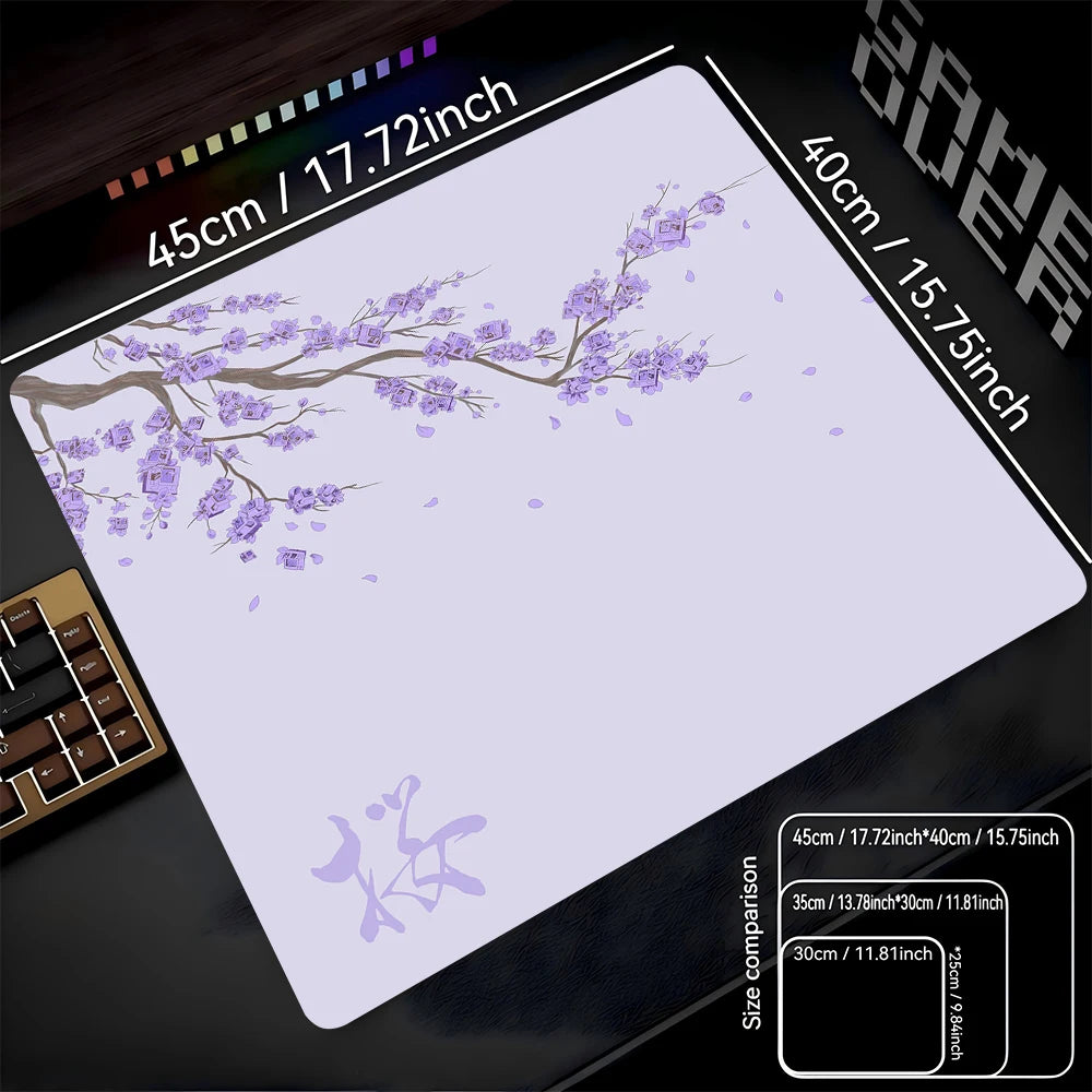 A purple cherry blossom themed non-slip gaming mouse pad with dimensions 45cm x 40cm.