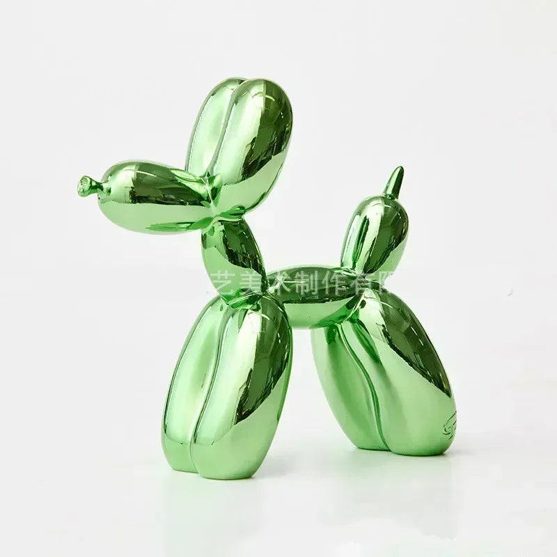 A shiny green resin balloon dog sculpture with a whimsical design.