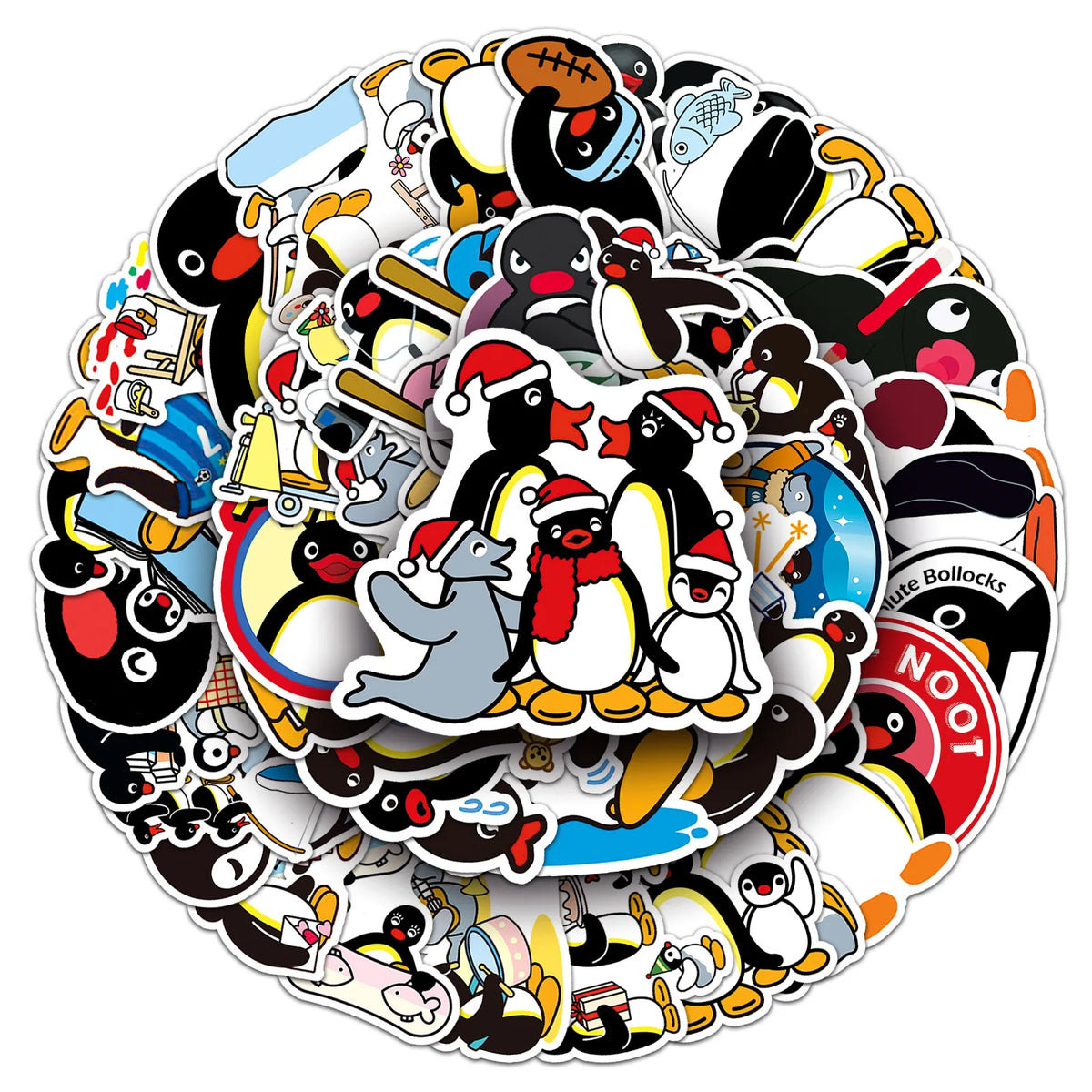 A circular arrangement of 50 cute penguin stickers for DIY crafting and waterproofing.