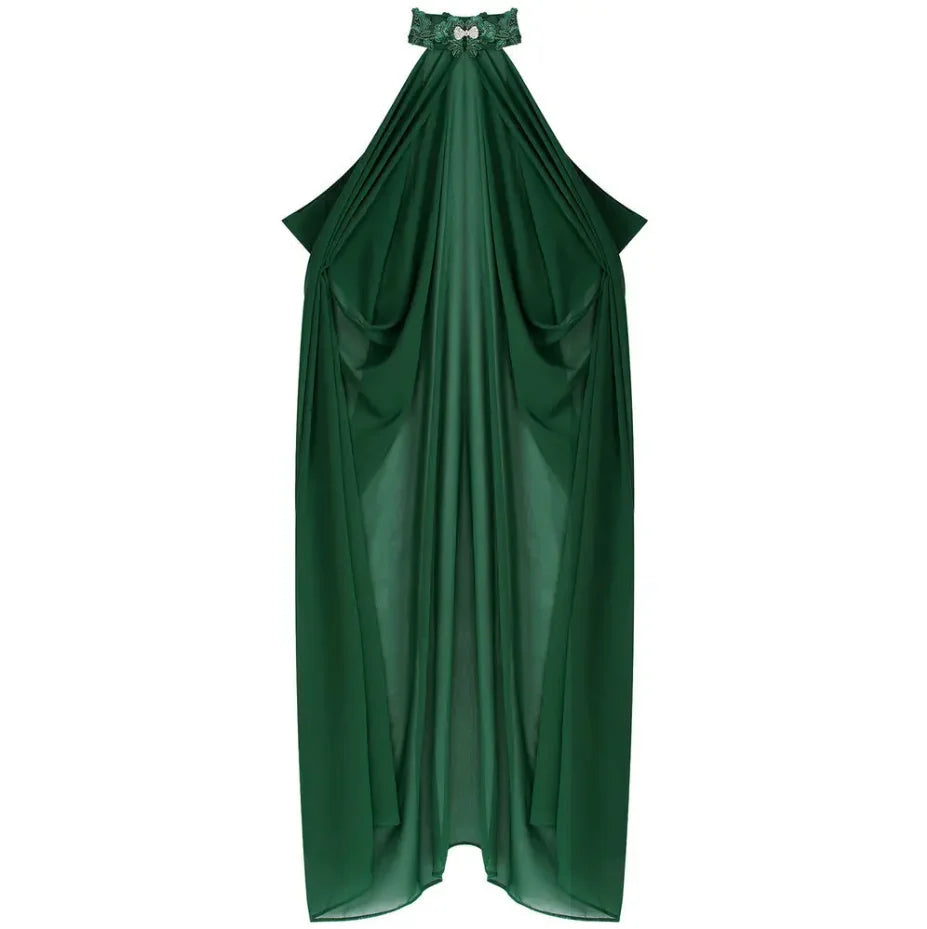 A dark emerald green sheer chiffon cape with a tie closure for costume wear.
