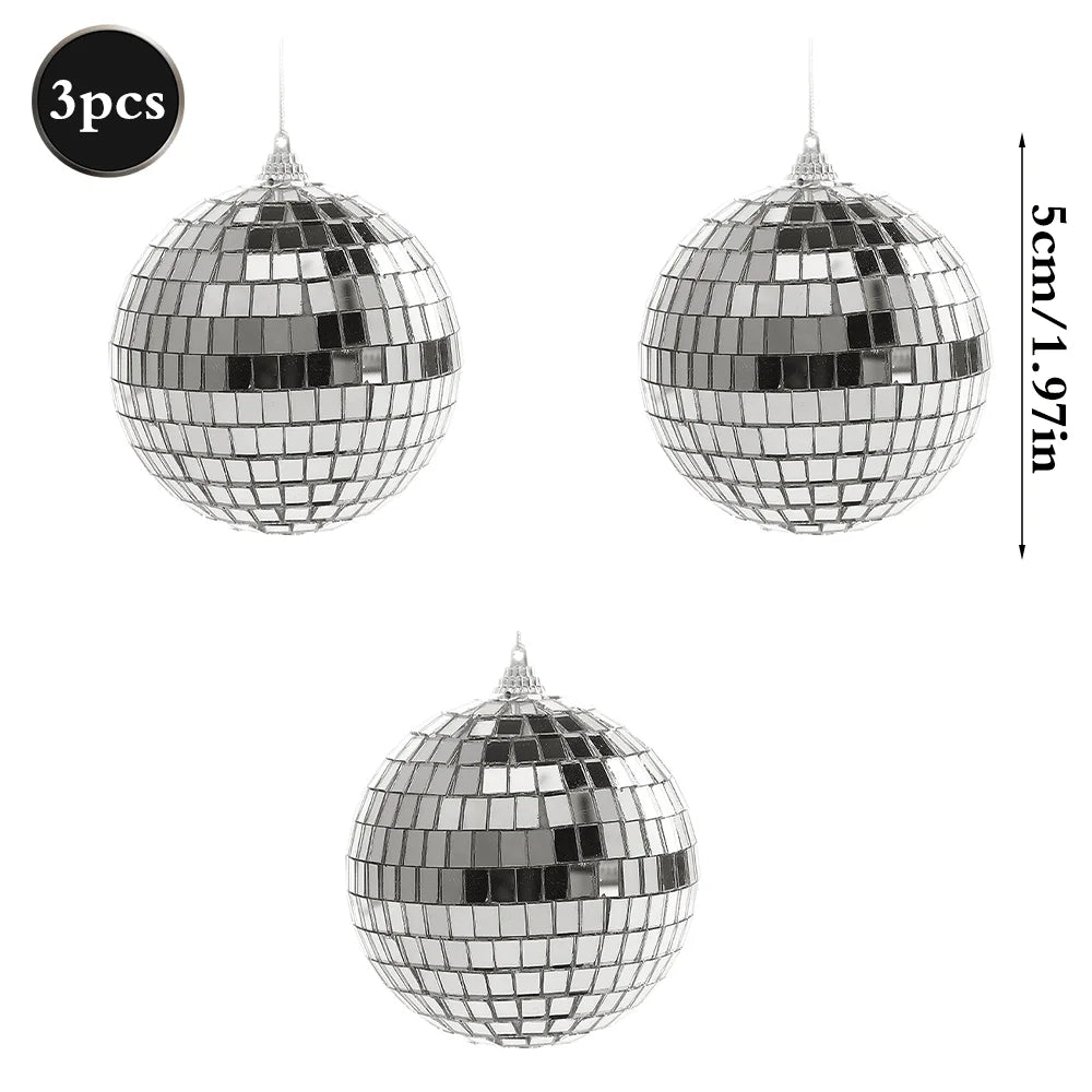 A silver mirror ball sphere with a hanging hook, showing its reflective surface.