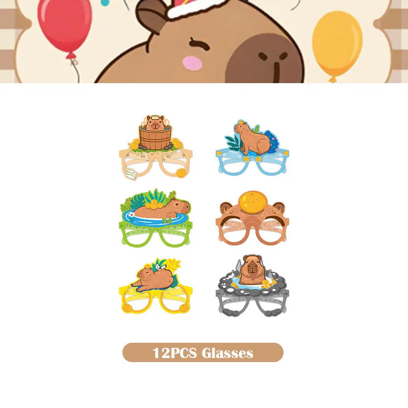 A set of 12 plastic glasses featuring cute capybara and animal designs for a birthday party decoration kit.