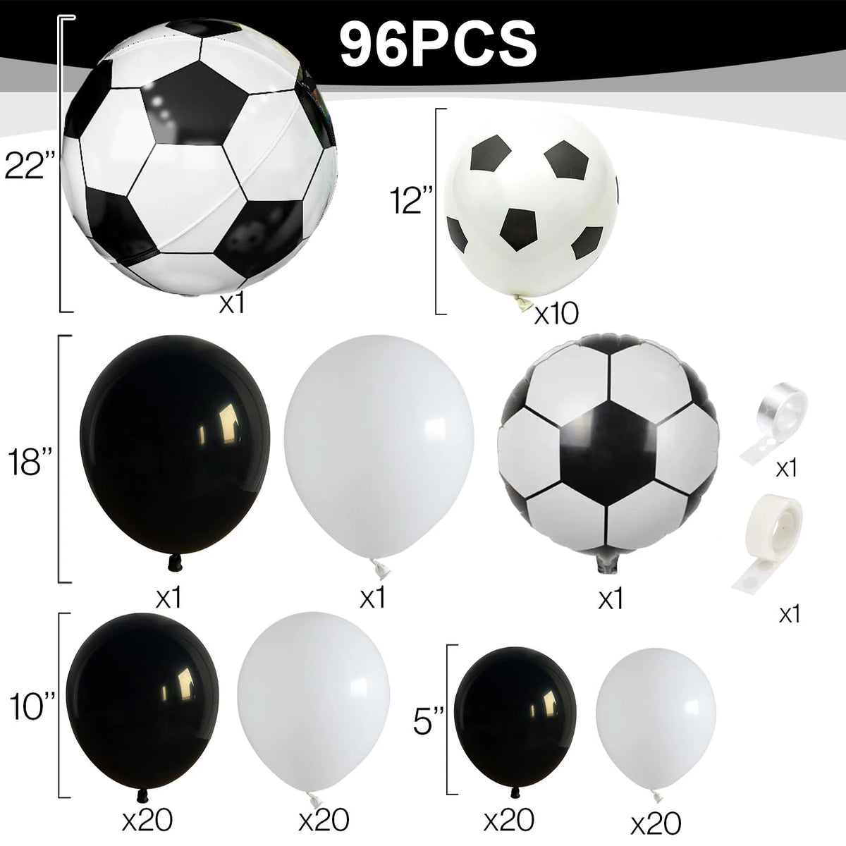 A collection of various sized black and white soccer balloons, including spheres and football shapes, for party decorations.