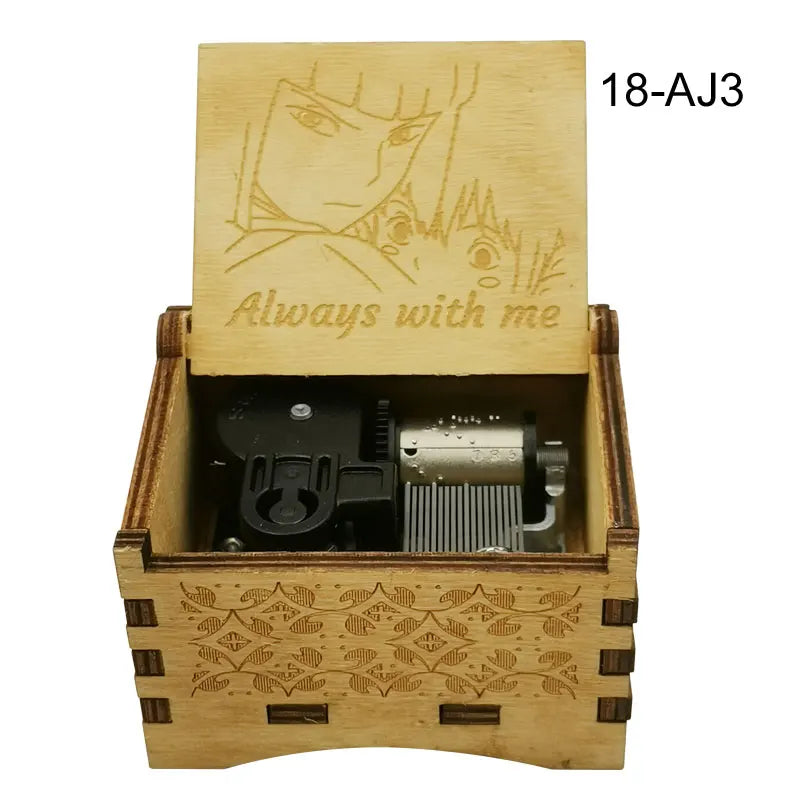 A wooden music box featuring an anime character design and a small mechanical component.